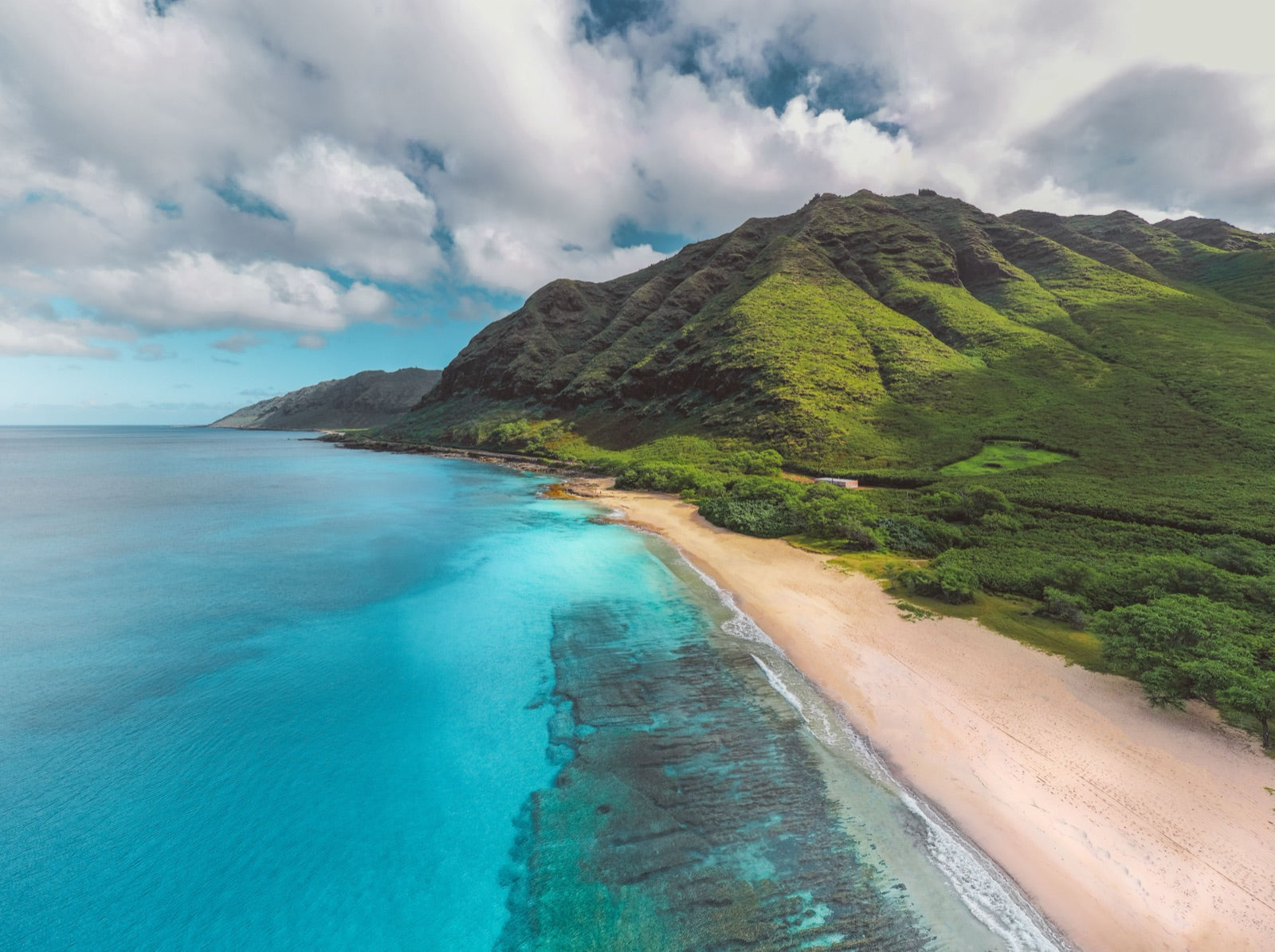 Lush green mountains meeting turquoise water on the Hawaiian coast